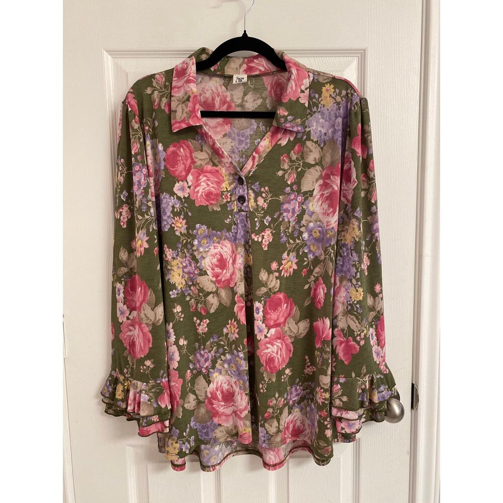 Sew In Love Cottagecore Floral Ruffle Sleeve Henley Blouse Green Pink 3X